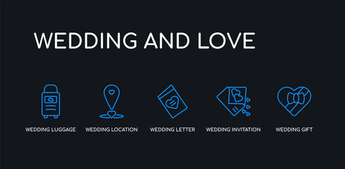 5 outline stroke blue wedding gift, wedding invitation, wedding letter, location, luggage icons from and love collection on black background. line editable linear thin icons.
