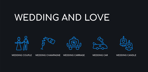 5 outline stroke blue wedding candle, wedding car, wedding carriage, champagne, couple icons from and love collection on black background. line editable linear thin icons.