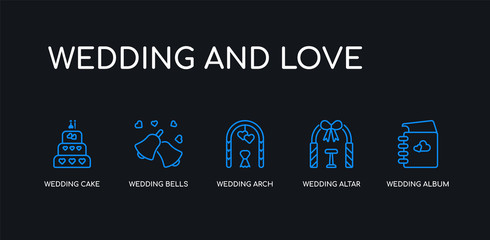 5 outline stroke blue wedding album, wedding altar, wedding arch, bells, cake icons from and love collection on black background. line editable linear thin icons.