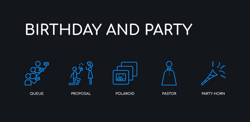 5 outline stroke blue party horn, pastor, polaroid, proposal, queue icons from birthday and party collection on black background. line editable linear thin icons.