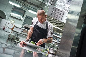 Food concept. Portrait of handsome professional chef in black apron decorating a salad on the plate...