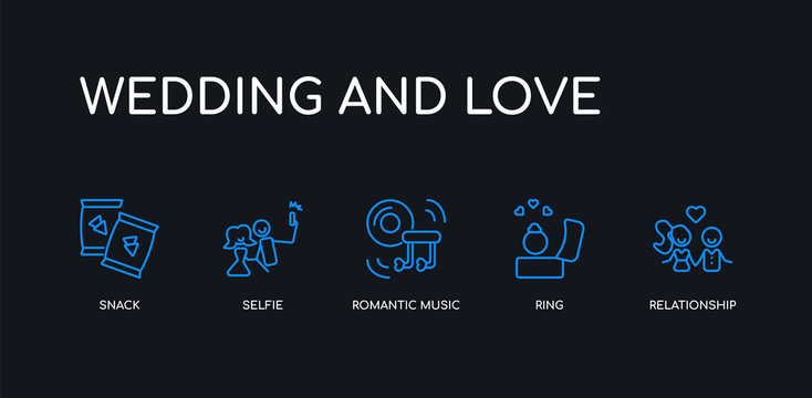 5 outline stroke blue relationship, ring, romantic music, selfie, snack icons from wedding and love collection on black background. line editable linear thin icons.