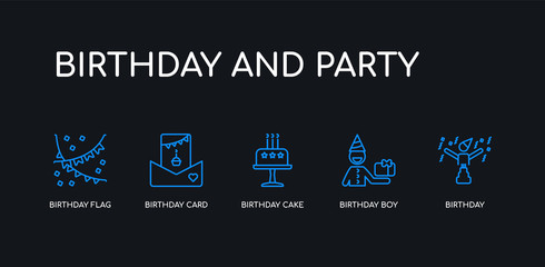 5 outline stroke blue birthday, birthday boy, birthday cake, card, flag icons from and party collection on black background. line editable linear thin icons.