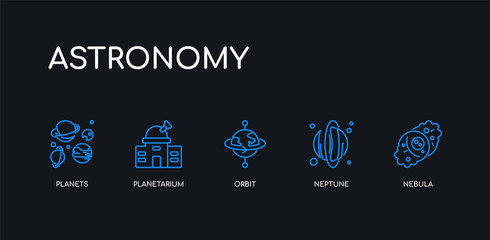 5 outline stroke blue nebula, neptune, orbit, planetarium, planets icons from astronomy collection on black background. line editable linear thin icons.