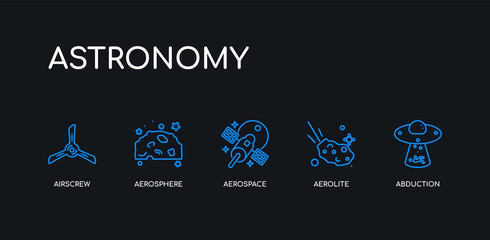 5 outline stroke blue abduction, aerolite, aerospace, aerosphere, airscrew icons from astronomy collection on black background. line editable linear thin icons.