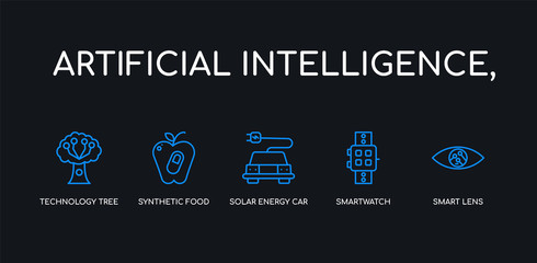 5 outline stroke blue smart lens, smartwatch, solar energy car, synthetic food, technology tree icons from artificial intelligence, collection on black background. line editable linear thin icons.
