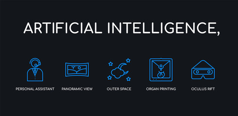 Obraz premium 5 outline stroke blue oculus rift, organ printing, outer space, panoramic view, personal assistant icons from artificial intelligence, collection on black background. line editable linear thin