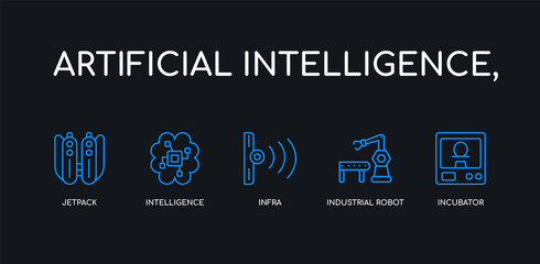 Obraz premium 5 outline stroke blue incubator, industrial robot, infra, intelligence, jetpack icons from artificial intelligence, collection on black background. line editable linear thin icons.