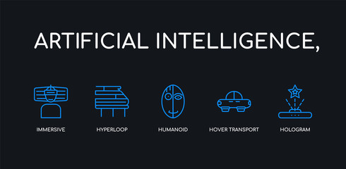 5 outline stroke blue hologram, hover transport, humanoid, hyperloop, immersive icons from artificial intelligence, collection on black background. line editable linear thin icons.