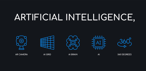 5 outline stroke blue 360 degrees, ai, ai brain, ai grid, ar camera icons from artificial intelligence, collection on black background. line editable linear thin icons.
