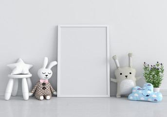 Blank photo frame for mockup and doll on floor, 3D rendering