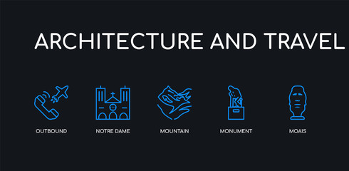 5 outline stroke blue moais, monument, mountain, notre dame, outbound icons from architecture and travel collection on black background. line editable linear thin icons.