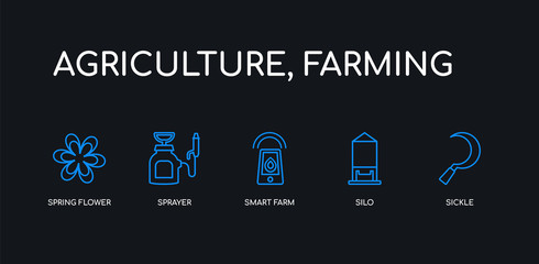 5 outline stroke blue sickle, silo, smart farm, sprayer, spring flower icons from agriculture, farming collection on black background. line editable linear thin icons.