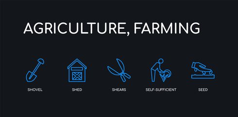 5 outline stroke blue seed, self-sufficient, shears, shed, shovel icons from agriculture, farming collection on black background. line editable linear thin icons.