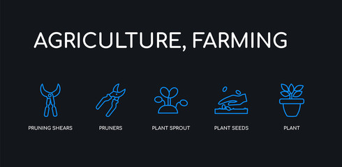 5 outline stroke blue plant, plant seeds, plant sprout, pruners, pruning shears icons from agriculture, farming collection on black background. line editable linear thin icons.