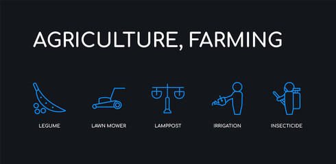5 outline stroke blue insecticide, irrigation, lamppost, lawn mower, legume icons from agriculture, farming collection on black background. line editable linear thin icons.