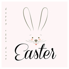 Happy Easter calligraphy greeting card Easter Eggs Hunt, bunny character icon, cartoon rabbit animal, minimalist trendy style line art design fashion banner sale sign. Spring Holiday floral decoration
