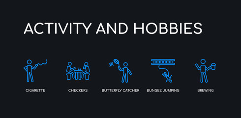 5 outline stroke blue brewing, bungee jumping, butterfly catcher, checkers, cigarette icons from activity and hobbies collection on black background. line editable linear thin icons.