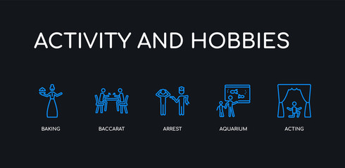 5 outline stroke blue acting, aquarium, arrest, baccarat, baking icons from activity and hobbies collection on black background. line editable linear thin icons.