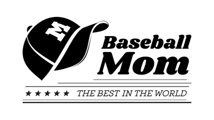 Baseball mom emblem with baseball lacing and a hat on white background.