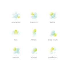 Vector Icon Illustration Logo Set of food supplements, ingredients and vitaments and elements for bio package labels, natural healthu products design for healthy eating and dieting lifestyle