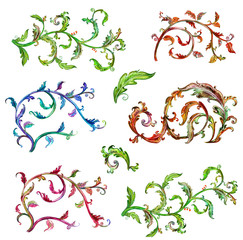 vintage colorful collection of baroque floral scroll filigree for your design. watercolor painting