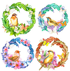 vintage colorful collection of floral wreaths with pretty birds. watercolor painting