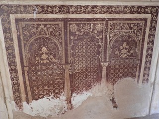 Ancient paintings inside Lakshmi Narayan temple, Orchha, Madhya Pradesh, India.