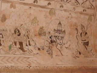 Ancient paintings inside Lakshmi Narayan temple, Orchha, Madhya Pradesh, India.