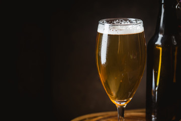 Glass beer on dark background with copy space
