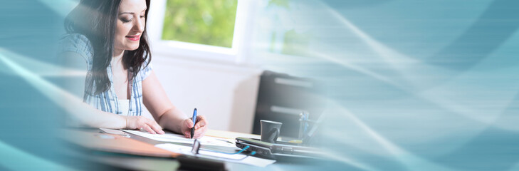 Fototapeta premium Young businesswoman working on documents. panoramic banner