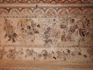 Fototapeta na wymiar Ancient paintings inside Lakshmi Narayan temple, Orchha, Madhya Pradesh, India.