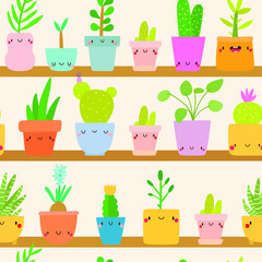 Super cute vector pattern with hand drawn Mini Plants. House Plants characters background.