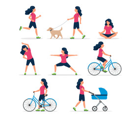 Fototapeta na wymiar Happy woman doing different outdoor activities: running, dog walking, yoga, exercising, sport, cycling, walking with baby carriage. Vector illustration in flat style, healthy lifestyle concept.