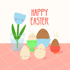 Happy Easter - cute vector illustration with Tulip and Eggs. 