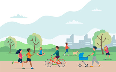 People doing various outdoor activities in the park. Running, cycling, walking the dog, exercising, meditating, walking with baby carriage. Vector concept illustration of healthy lifestyle. - obrazy, fototapety, plakaty