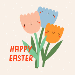 Happy Easter - cute illustration with hand drawn Tulips bouquet.