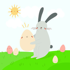 Happy Easter - cute vector illustration. Hand drawn Holiday background with an Egg and Rabbit.