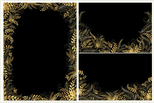 Set of vector teeter with golden leaves and sprigs with place for text on black background