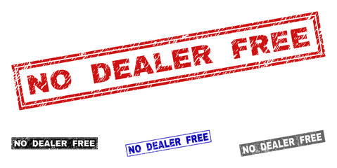 Grunge NO DEALER FREE rectangle stamp seals isolated on a white background. Rectangular seals with grunge texture in red, blue, black and grey colors.