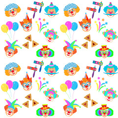 Funny Clowns mask icon pattern, Happy Purim Festival Jewish Holiday Kids Party, modern design concept carnival background firework, noisemaker, masque, hamantaschen cookies star traditional symbols