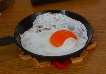 fried eggs on agriddle and stand.