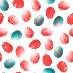 Seamless pattern with colored easter eggs. Vector illustration with trendy colors living coral and turquoise.