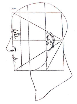 Proportions of head by Leonardo Da Vinci in a vintage book Leonard de Vinci, Eugene Muntz, 1899, Paris