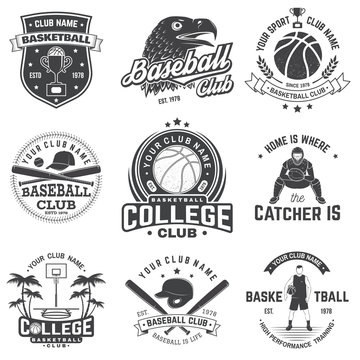 Set of basketball and baseball badge, emblem. Vector. Concept for shirt, print, stamp, apparel or tee. Vintage design with basketball player, baseball player and sport equipments silhouette.
