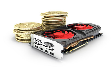 Bitcoin mining Powerful video cards to mine and earn cryptocurrencies concept isolated on white background 3D render