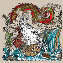 Green Chinese dragon and white tiger in the landscape with waterfall , rocks ,plants and clouds . Two spiritual creatures in the Buddhism representing the spirit heaven and matter earth. Graphic style