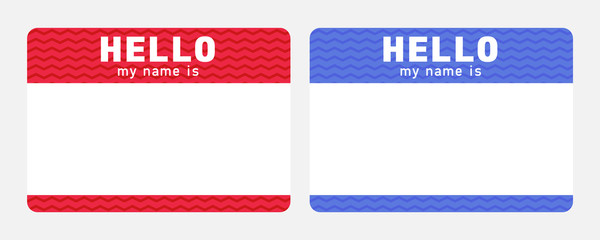 Hello my name is - sticker. Red and blue nametag. Dating and meeting ice breaker label.