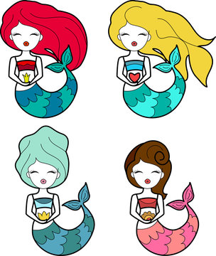 Cute little different hair mermaid with crown and crown