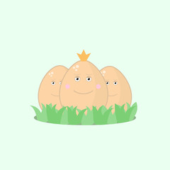 Three Easter eggs with satisfied emotions in the middle of the artboard in gentle tones. Vector illustration